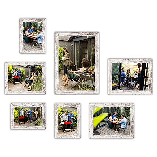 HAES DECO – Paris Collage Bilderrahmen Set mit 7 Holzrahmen weiß/braun, besteht aus 3 Fotos 10x15, 1 Foto 13x18, 2 Fotos 15x20 und 1 Foto 20x30 - SP001906-7 von HAES DECO