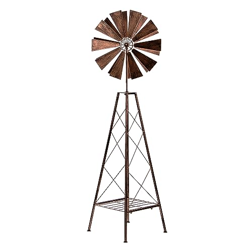 HAFIX® XL Windmühle - Pflanzenmühle - mit zwei Rädern für 3D Optik & Regalfach. Metall-Windspiel max. Höhe 121cm. Windrad für Garten Dekoration UV-beständig & wetterfest. Windregal für Pflanze Bronze. von HAFIX