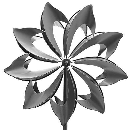 HAFIX XXL Windrad - Windjasmin - mit Zwei Blättern für 3D Optik. Windspiel mit Höhenverstellung aus Metall max. Höhe 185cm. Windspinner Ø58cm für Garten als Dekoration UV-beständig & wetterfest grau. von HAFIX