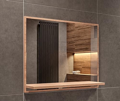 HAJDUK FURNITURE Badspiegel mit Ablage Sonoma-Eiche - H:50 x B: 60 cm - Bathroom Mirror - Moderner Badezimmer Spiegel Rechteckig - Wandspiegel mit Regal - Premium-Linie von HAJDUK FURNITURE