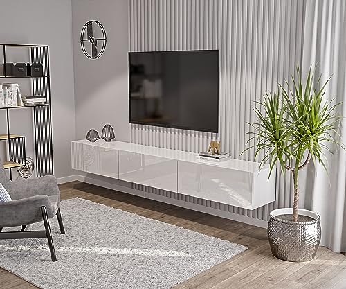 Modularer TV Schrank Weiß Hochglanz - 270 x 35 x 40 cm - Lowboard - Wandmontierte Modernes TV-Board - Wohnzimmer Möbel - Push-to-Open-System - Hängeschrank - 3 Module von HAJDUK FURNITURE