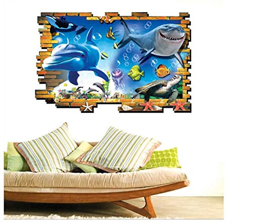HALLOBO® Wandaufkleber 3D Fenster Delphin Hai 3D XXL Wandtattoo Wandsticker Wall Sticker Bild Wohnzimmer Schlafzimmer Deko Badzimmer von HALLOBO