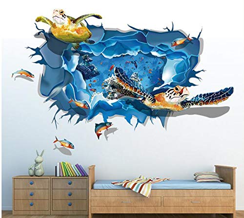 HALLOBO® Wandtattoo Wandaufkleber 3D Fenster Schildkröte Unterwasserwelt Delfine Marine Meer Wandbild Wohnzimmer Schlafzimmer Kinderzimmer Deko Badzimmer Bad von HALLOBO