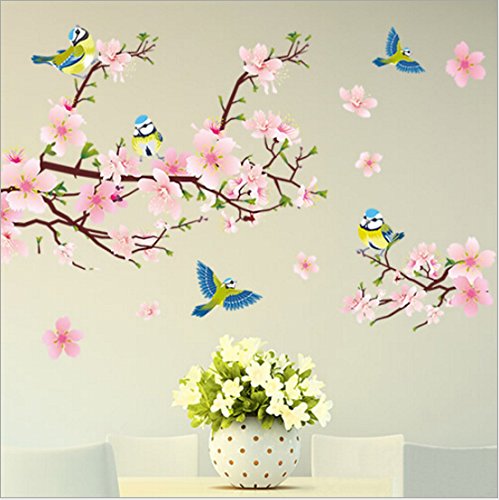 HALLOBO® Wandtattoo XL Vogel Blumen Pfirsichblüte Wandaufkleber Wandsticker Wohnzimmer Schlafzimmer Deco Wall Sticker von HALLOBO