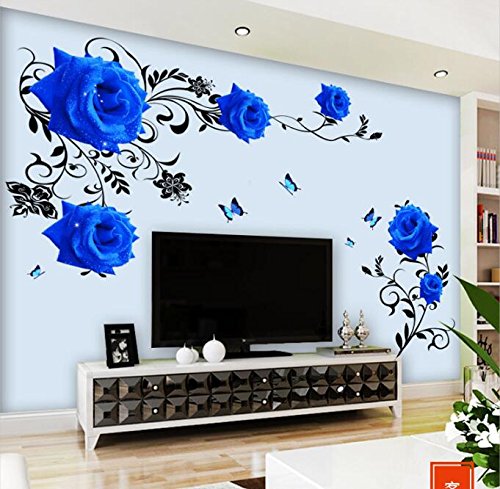 HALLOBO® Wandtattoo Blau Rosen Ranke XL Blumen Wandaufkleber Wandsticker Wohnzimmer Schlafzimmer Deco Wall Sticker Dekor von HALLOBO