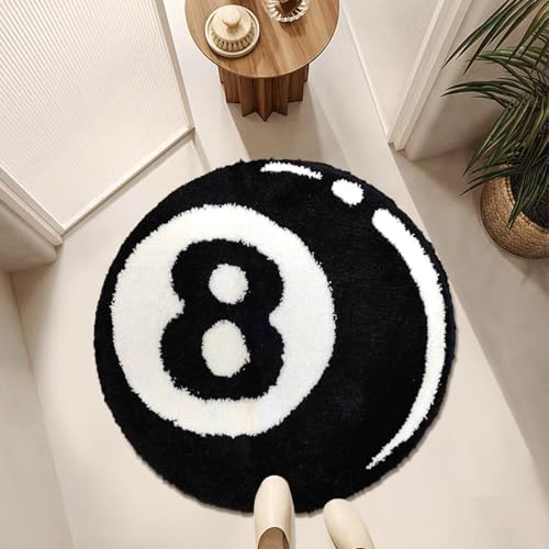 8 Ball Teppich Simulation Billard, Rund Tufting Weich Teppich, Teppich Schwarz Rutschfeste Teppich Waschbar Weich Badvorleger Kinder Schlafzimmer für Wohnzimmer Badezimmerdekoration (8 Bälle 80cm) von HAMON