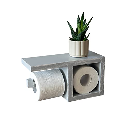 Toilettenpapierhalter aus Holz - Holzablage für Toilette - Papierhalter mit Ablage - Grau Shabby Chic (Left Side) von HANDKADECOR