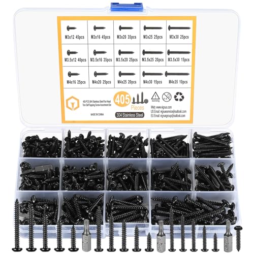 405 Stück schwarz Rundkopfschrauben Set, M3/M3.5/M4, Torx Holzbauschrauben, Edelstahl Blechschrauben, Flachkopfschrauben, selbstschneidende Schraube Sortiment Kit, mit 3 Stück Bits von HAOCHEN