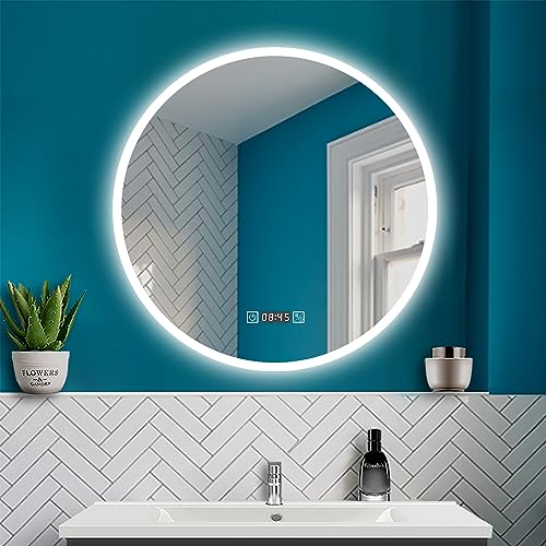 HAPAOSO LED Badspiegel mit Beleuchtung Badezimmer Rund Spiegel mit Uhr + 3 Lichtfarbe + Beschlagfrei + dimmbar + speicherfunktion Wandspiegel mit Touchschalter von HAPAOSO
