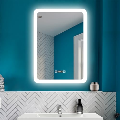 HAPAOSO LED Spiegel mit 3 Lichtfarbe Dimmbar Badspiegel mit Beschlagfrei Badzimmerspiegel Wandspiegel mit Uhr Speicherfunktion Vertikal Installation CRI 90+ von HAPAOSO