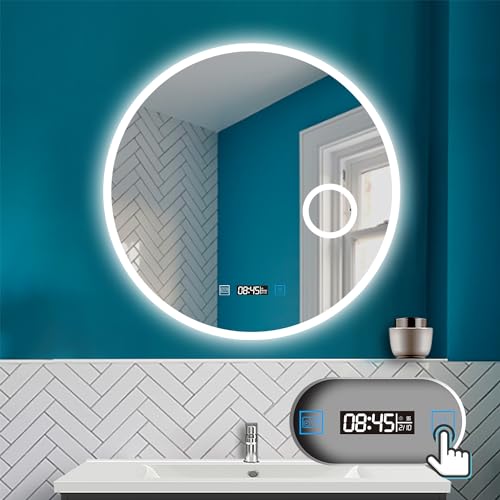 HAPAOSO LED Spiegel mit Touchschalter Badspiegel mit Beschlagfrei Badzimmer Spiegel Wandspiegel mit 3 Lichtfarbe+dimmbar+Speicherfunktion+Uhr+3X Lupe von HAPAOSO