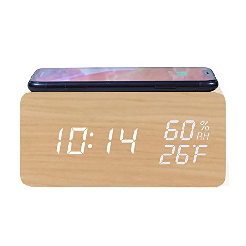 HAPPMY Digitaler Wecker Holz mit Kabellosem QI-Laden,Led Digital Uhr mit 3 Alarmeinstellungen und Anzeigefunktion für Temperatur und Luftfeuchtigkeit,Geeignet für Wohnzimmer Schlafzimmer und Büros von HAPPMY