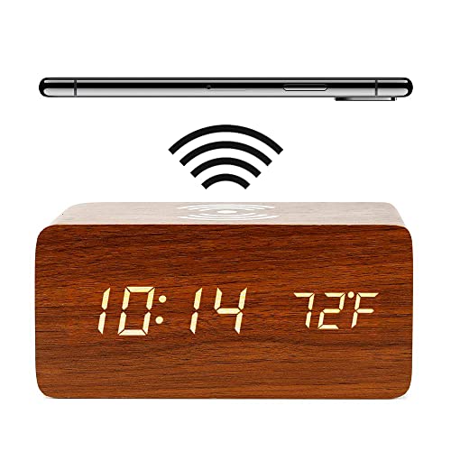 Holz Wecker mit Ladestation, Wecker Digital mit Thermometer, 3 Weckzeiten Digital Uhr, Tischuhr Alarm Clock Batteriebetrieben und USB(Braun) von HAPPMY