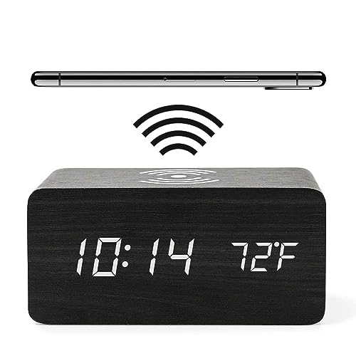 HAPPMY Holz Wecker mit Ladestation,Wecker Digital mit Thermometer, 3 Weckzeiten Digital Uhr, Tischuhr Alarm Clock Batteriebetrieben und USB(Eisenhaltig) von HAPPMY