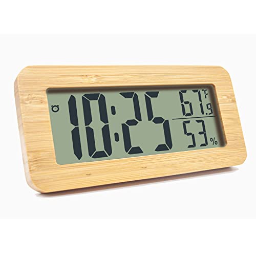 Nachttisch Uhr, Wecker Batteriebetrieben, Digital Uhr Mit Temperaturanzeige und Luftfeuchtigkeit Großes Display, Braun Mini Wecker Digital Holz Led mit Ohne Ticken, Uhr für Arbeitszimmer und Büro von HAPPMY