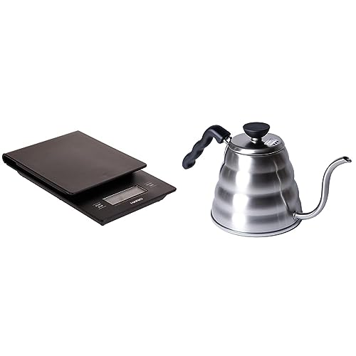 Hario VSTN-2000B Küchenwaage, schwarz & V60 Wasserkocher, Edelstahl, Silber 1 von HARIO