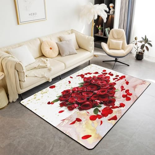 HATEGE Teppich Wohnzimmer 140 x 200 cm Waschbar Rote Rose, Outdoor Teppiche Kurzflor 3D Romantisches Thema Carpet Flauschig Rote Rose Rug Schlafzimmer DT147 von HATEGE