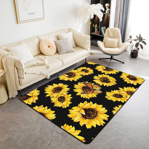HATEGE Teppich Wohnzimmer 60 x 100 cm Waschbar Sonnenblume, Outdoor Teppiche Kurzflor 3D Schmetterling Carpet Flauschig Sonnenblume Rug Schlafzimmer DT2025 von HATEGE