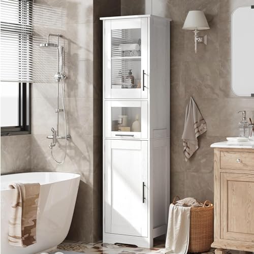 HAUSPROFI 170cm Badezimmerschrank - Badschrank Hochschrank mit Türen und verstellbarem Einlegeboden, Badschrank Schmal Weiß mit 5 Fächer Badezimmerschränke für Badezimmer Wohnzimmer Küche Esszimmer von HAUSPROFI