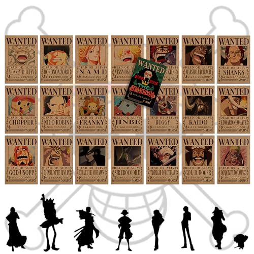 One Piece Wanted Bounty Poster, 22 pcs One Piece Retro Poster, One Piece Wanted Poster Set, Zoro Sanji Ruffy Poster, Pirates Wanted Poster, Bounty Wanted Anime Poster, für Wall Art Room Decoration von HBSFBH