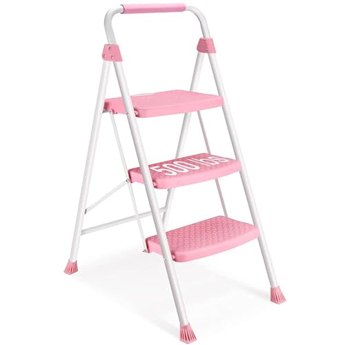 HBTower Leiter 3 Stufen, Trittleiter mit Breitem Pedal, Leichter 150 kg Kapazität, Tragbarer Tritthocker, Rosa von HBTower