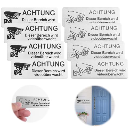 HEDMON 8 Videoüberwachungsschilder, 8,5 x 3 cm, Sicherheitsschilder für Videoüberwachung, selbstklebend, aus Aluminium, Aufkleber für Videoüberwachung, Warnschild von HEDMON