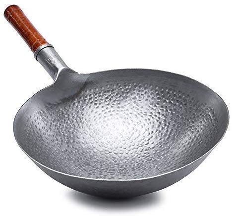 Vorgewürzter Kohlenstoffstahl-Wok, Handgeschmiedeter Eisen-Wok, Professioneller Chinesischer Traditioneller Handgehämmerter Kohlenstoffstahl-Pow-Wok Mit Ulmenholz- Und Stahl-Helfergriff-36cm von HEHE