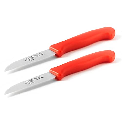 HEISO Schälmesser 2er Set - Scharfe Küchenmesser aus rostfreiem Stahl mit rotem Kunststoffgriff - Gemüsemesser Made in Solingen“ - mit kostenlosem Nachschleifservice von HEISO