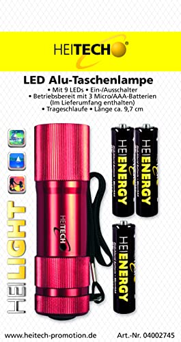 HEITECH Alu Taschenlampe mit 9LEDs - Ein/Aus Druckschalter, inkl. 3 AAA/Micro Batterien,rot von HEITECH Promotion GmbH