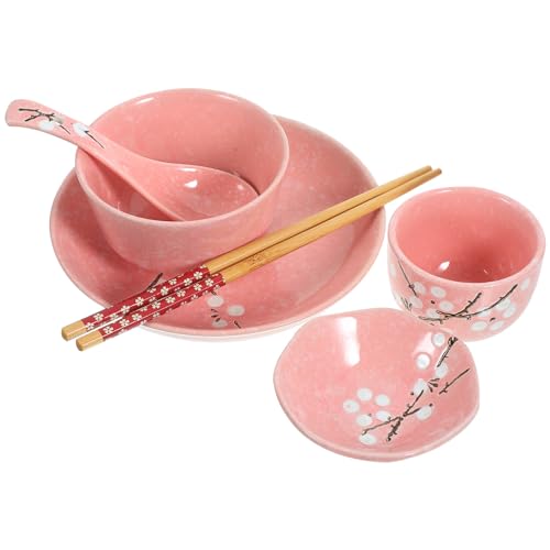 6PCS Japanische Style Bowl- Set Küchenkeramik- Ramen- Schüssel- Set mit Essstäbchen Löffeln Und Pausen Rosa Porzellannudelschale für Udon Salat Suppe von HEMOTON