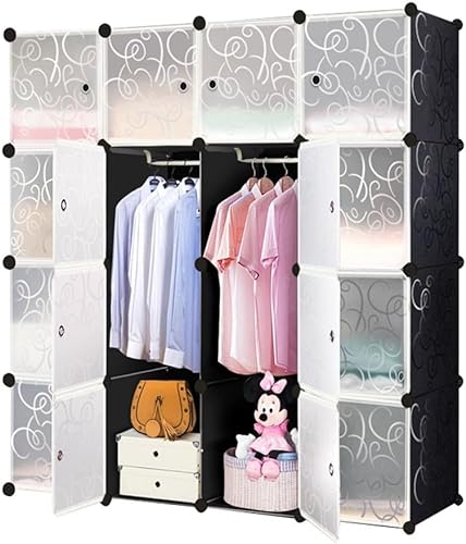 HENGMEI Kleiderschrank DIY Regalsystem Aufbewahrung Schrank, PP-Kunststoff mit Tür Garderobenschrank, Wasser und Staubdicht für Schlafzimmer Badezimmer (16 Boxen mit Tür, Schwarz) von HENGMEI