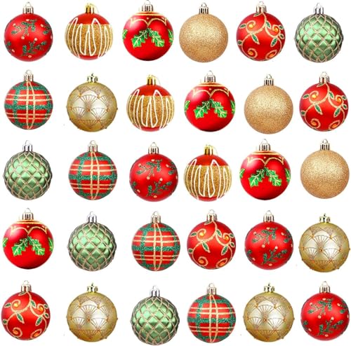 30 Stück Weihnachtsschmuck-Set, rot-Gold, 6cm Bruchsicher Kunststoff Weihnachtsbaumschmuck mit Aufhänger fur Weihnachtsdekoration von HEREER