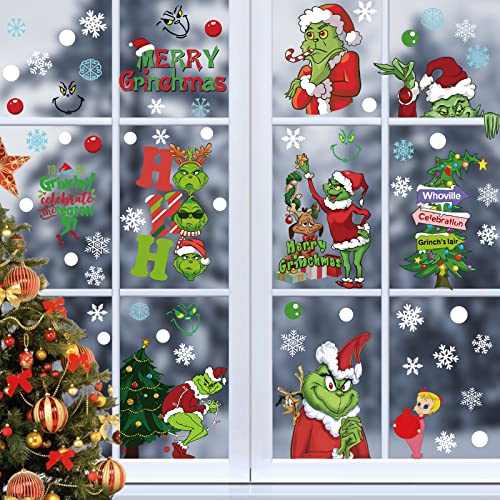 9 Blatt Weihnachten Fensteraufkleber für The Grinch Weihnachtsdekorationen Weihnachten Fenster Clings Grinch Party Supplies Weihnachten Fensterdekorationen Weihnachten Party Dekorationen (Grün) von HEREER
