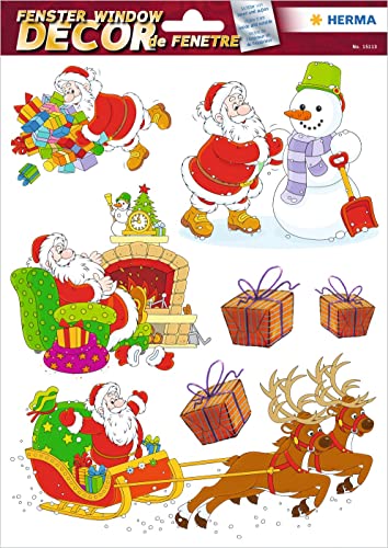 HERMA 15113 Fensterbilder Weihnachten Weihnachtsmann Schneemann Geschenke, 7 Stück, selbstklebend, Kinder Fensteraufkleber, ablösbare Winter Fenstersticker, Fensterfolie Kinderzimmer Weihnachtsdeko von HERMA