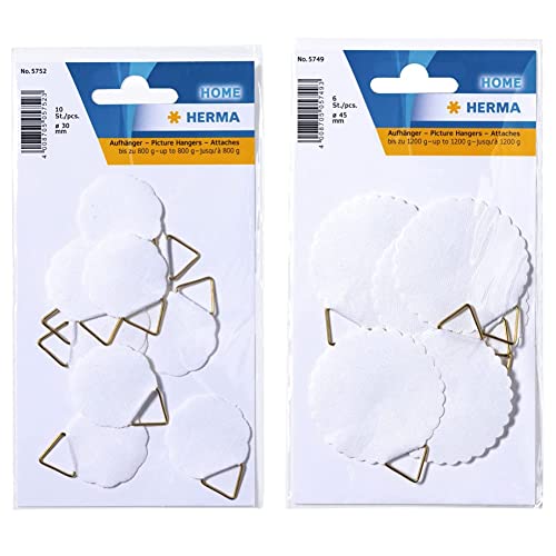 HERMA 5752 Bildaufhänger zum kleben, klein (Ø 30 mm, 10 Stück, Papier mit Leinenstruktur) & 5749 Bildaufhänger zum kleben, groß (Ø 45 mm, 6 Stück) Aufhänger Tragkraft bis 1.200 g, weiß von HERMA