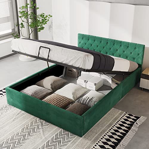 HESHU Bett mit Bettkasten Samt-Stoff Polsterbett Lattenrost Doppelbett Stauraum Holzfuß, Grün, 140 x 200 cm von HESHU