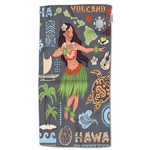HGOD DESIGNS Hawaii-Handtücher, Vintage-Set mit Hawaii-Symbolen und Symbolen für Mädchen, Gitarre, vulkanisch, 100 % Baumwolle, weiche Badetücher für Badezimmer, Küche, Hotel, Spa, 38,1 x 76,2 cm von HGOD DESIGNS