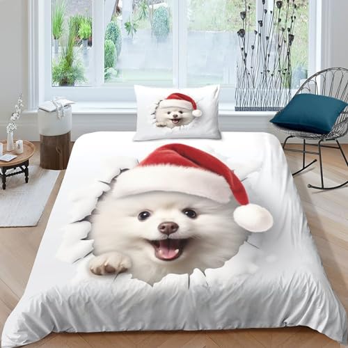 HIXIP DoppelseiTiger Bettbezug 3D süßer Hund Kinderbettwäsche, 3-teiliger Superweicher Mikrofaser-Polyester-Bettbezug Hund mit Weihnachtsmütze Themen-Bettbezug Mit Reißverschluss von HIXIP