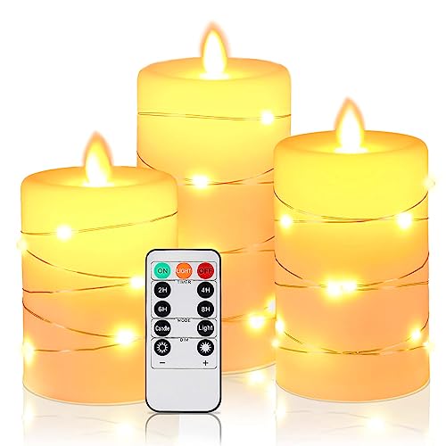 HIYAA LED Kerzen, LED Kerzen mit eingebetteter Lichterkette, 3 Pack batteriebetriebene Kerzen mit Fernbedienung, 24-Stunden-Timer-Funktion, tanzende Flamme, echtes Wachs von HIYAA