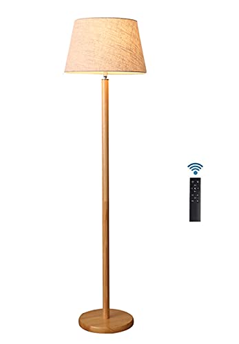 HKLY Holz Stehlampe Dimmbare mit Fernbedienung, Wohnzimmer LED Standleuchte mit Leinenstoff Lampenschirm, Moderne E27 Stehlampe Leselampe Für Schlafzimmer Arbeitszimmer Büro, 12W von HKLY
