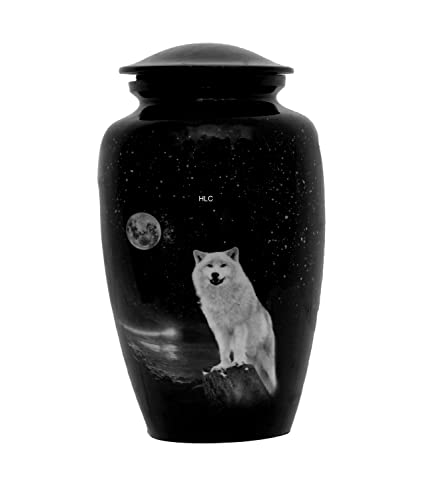 hlc Urns weißer Wolf Nacht Vollmond Einäscherungsurne für menschliche Asche – Beerdigungsurne für Erwachsene – Erschwingliche Urne für Asche (Erwachsene (90 kg) – 26.7 x 15.2 cm von HLC