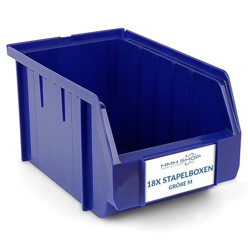 Stapelboxen der Größe M 230x150x130mm für dein Kleinteilelager Sichtlagerkästen in 5 Farben Zubehör wie Deckel Trennsteg Etikett Wandschiene Sortierkisten (Blau, 18 Stück) von HMH