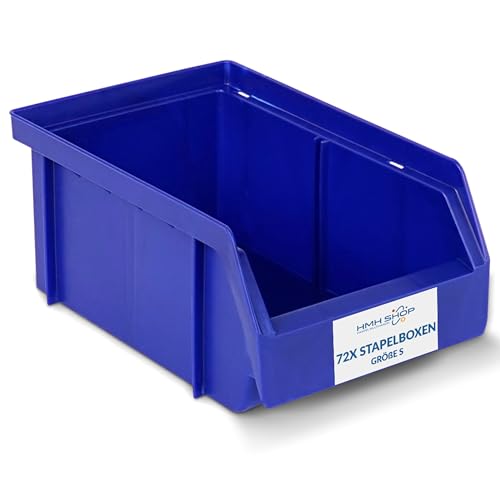 Stapelboxen der Größe S 161x105x75mm für dein Kleinteilelager Sichtlagerkästen in 5 Farben Zubehör wie Deckel Trennsteg Etikett Wandschiene Sortierkisten (Blau, 72 Stück) von HMH