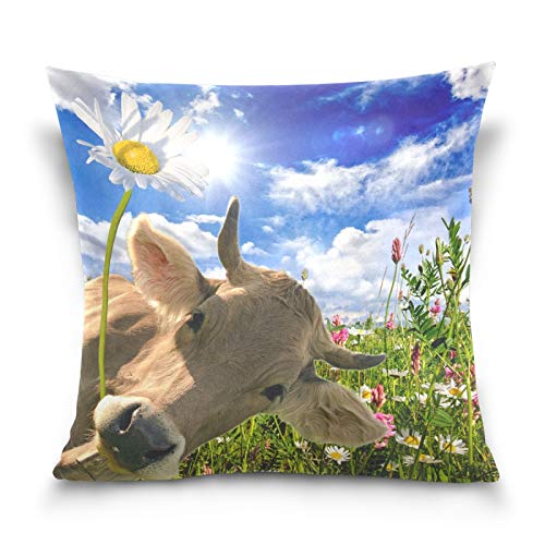 HMZXZ Kissenbezug 40x40cm Tier Kuh Blume Sonnenblume Dekorative quadratische Kissenbezüge Kissenhüller für Couch Sofa Schlafzimmer Wohnzimmer von HMZXZ