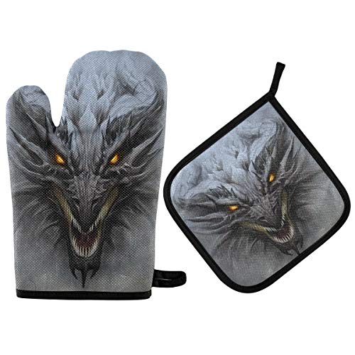 HMZXZ RXYY Drachen Gray Stone Kunst Ofenhandschuhe Gesteppt Baumwolle Beschichtung Topflappen BBQ Handschuhe-Ofenhandschuhe Hitzebeständig Küche Sicher Matten für Backen Kochen von HMZXZ