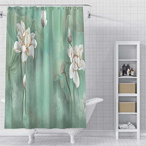Duschvorhang 180x200 Grüne Lotusblume Shower Curtains Polyester Duschvorhang Antischimmel Wasserdicht Duschvorhänge Langlebig und WaschbarInkl 12 Duschvorhangringen von HNDXLHH