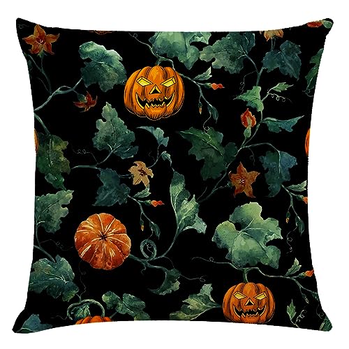 Kissenbezug 50x50 Halloween Kürbis Grüne Blätter Sofakissen Baumwoll und Leinen Dekokissen Quadrat Kissenbezüge mit Reißverschluss Outdoor Kissen- für Wohnzimmer Auto Schlafzimmer von HNDXLHH