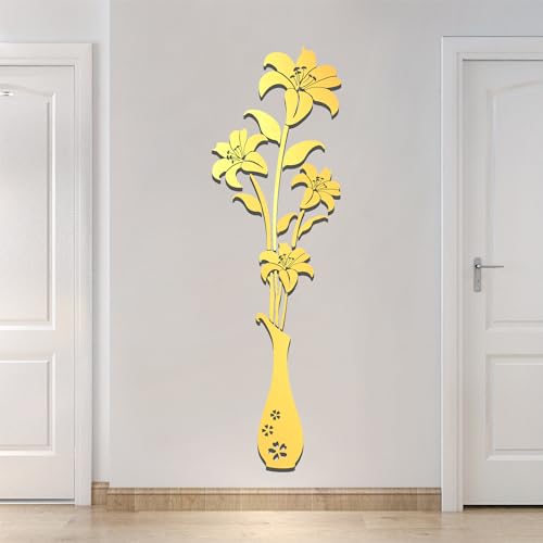 HNVNER Spiegel-Wandaufkleber – 3D-Blumen-Wandaufkleber, Wandbilder für Wohnzimmer, Schlafzimmer, DIY-Wanddekoration für TV-Hintergrund und Sofa-Hintergrund (L, Spiegelgold) von HNVNER