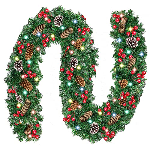 HOHAOO 8,8 Ft Vorbeleuchtete Weihnachtsgirlande mit Lichtern, Blumen und Kugeln, Weihnachtsgirlande für Weihnachtsdekorationen zu Hause, im Freien, drinnen, Kamin, Treppen, Rot, 8.8 feet, garland-01 von HOHAOO