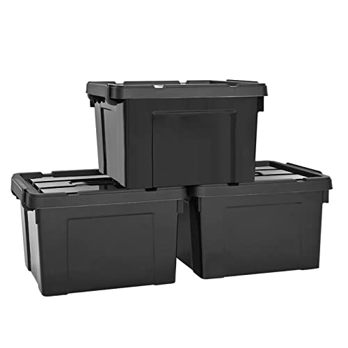 Aufbewahrungsboxen, Set mit 3 stapelbaren 40L Aufbewahrungsboxen aus schwarzem Kunststoff, ineinander schachtelbar, mit Deckel und Box-Clip, verriegelt, für Regale und Garage von HOHAOO